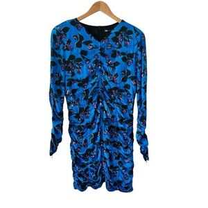 Zara Draped Blue Floral Ruched Long Sleeve Dress Womens Size XL